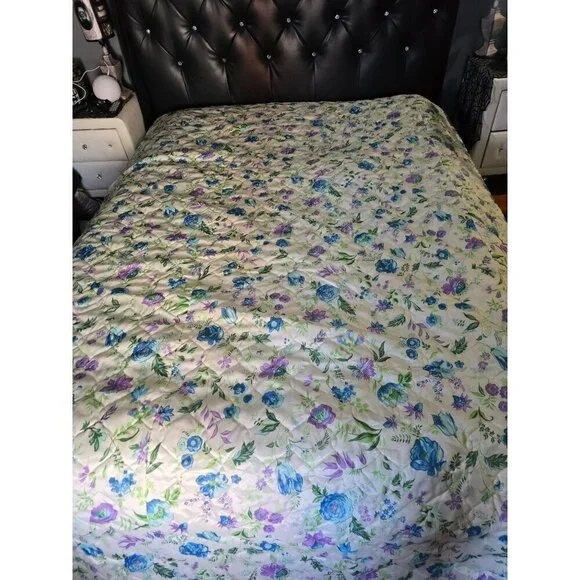Vintage 70s Dahlia Flower Spring Blue Purple Cottagecore Bedspread Comforter Bla